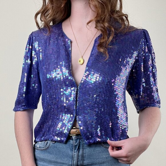 Vintage Silk Sequin Beaded Iridescent Puff Pleated Short Sleeve Button Up Blouse - Picture 1 of 8